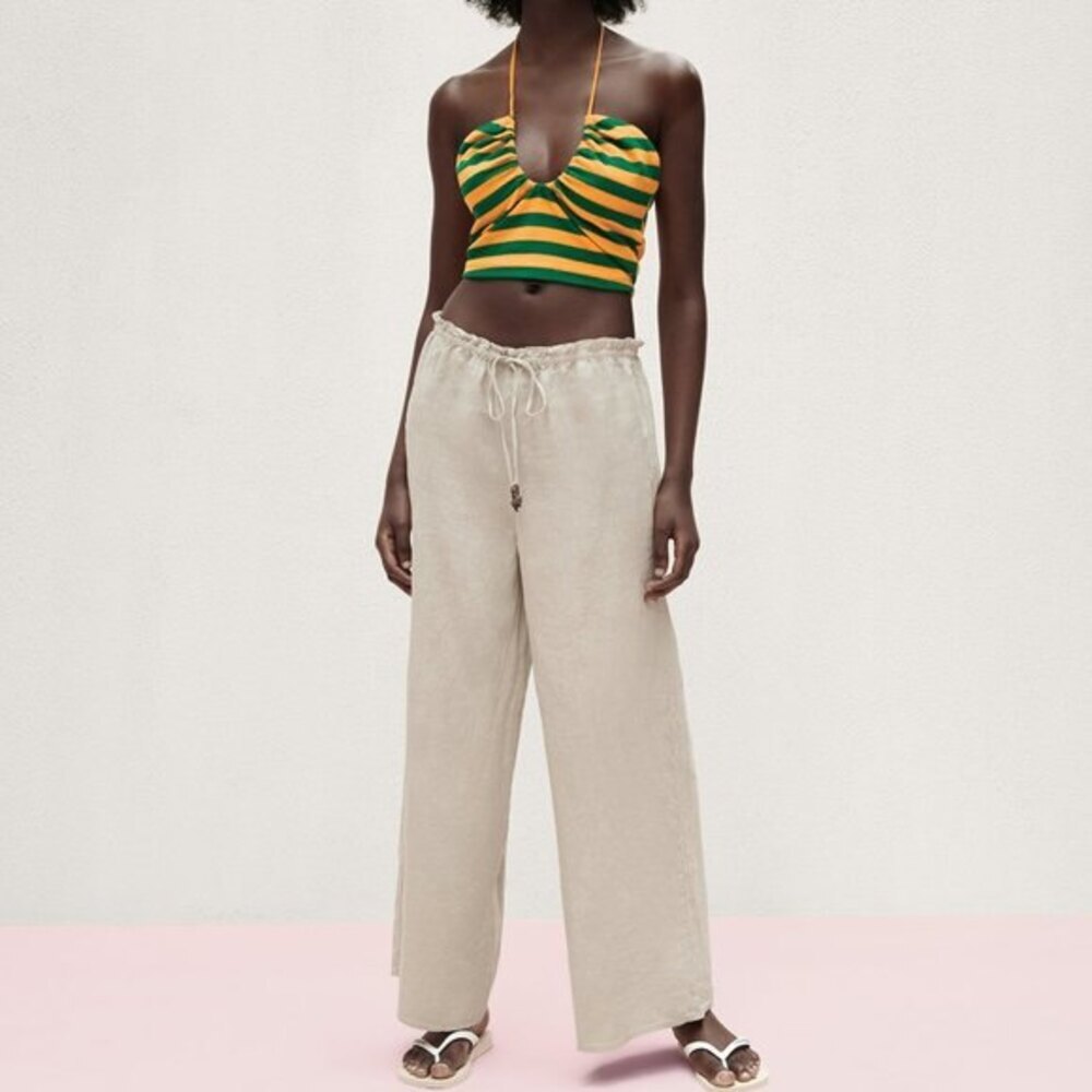 Natural Tan Zara Linen Wide Leg Drawstring Elastic Waist Pants (NWT)